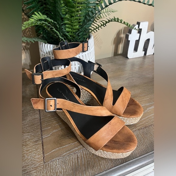 ELIE TAHARI ~Brown/Black Strappy Wedge Sandals - Picture 2 of 9